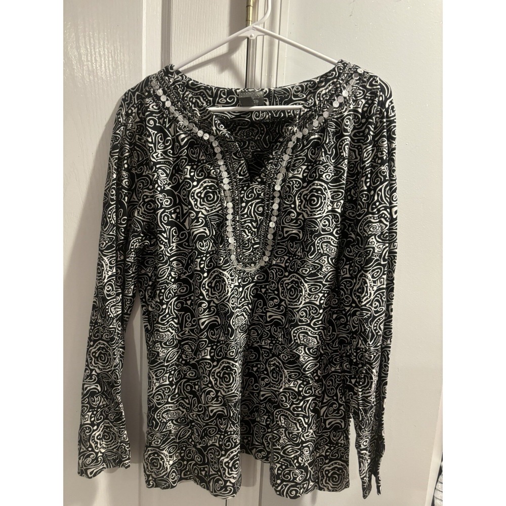 Chicos Women's Top Size 3 XL Black White V Neck Top With Sequins